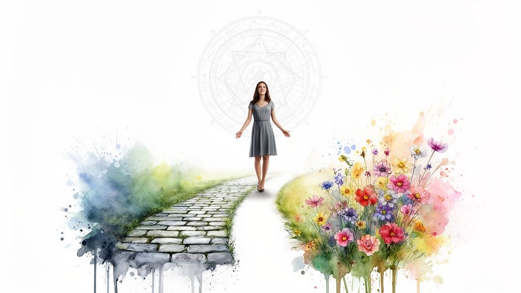 Une femme marche sur un chemin qui se sépare, entourée de symboles astrologiques et d'éclaboussures d'aquarelle.