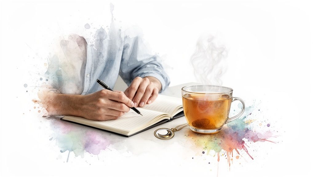 Personne écrivant dans un carnet avec un stylo, près d'une tasse de thé fumante et d'une lune décorative, sur fond aquarelle.