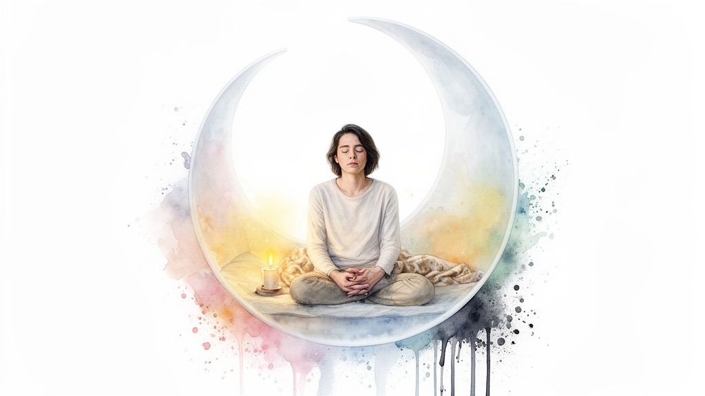 Une personne médite paisiblement au centre d'un croissant de lune illustré avec des aquarelles colorées et une bougie allumée.