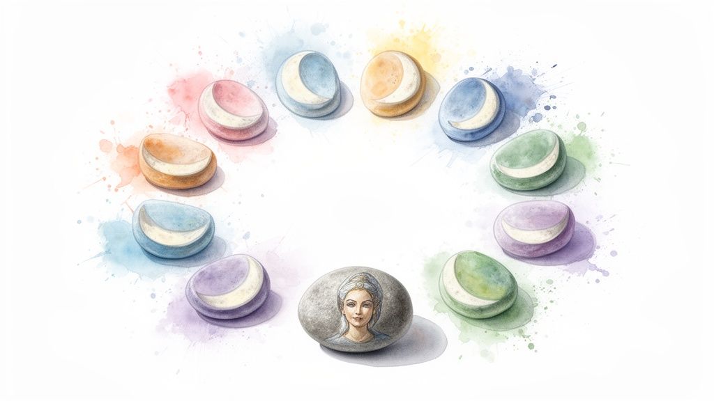Une femme sur une pierre centrale entourée de pierres colorées avec des lunes croissantes, style aquarelle.