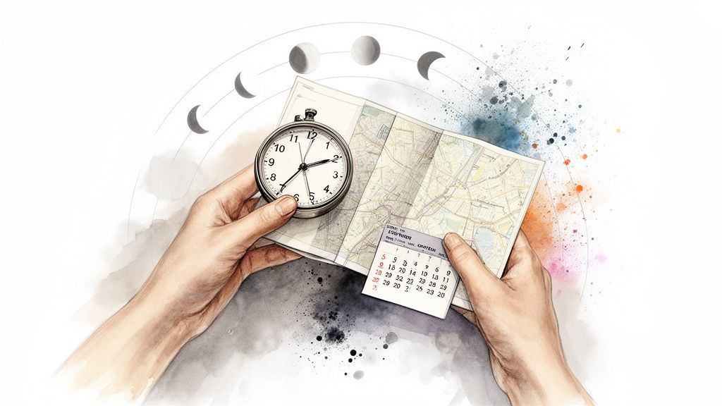 Mains tenant une carte, un chronomètre et un calendrier, avec des phases de lune et des éclaboussures de couleur.